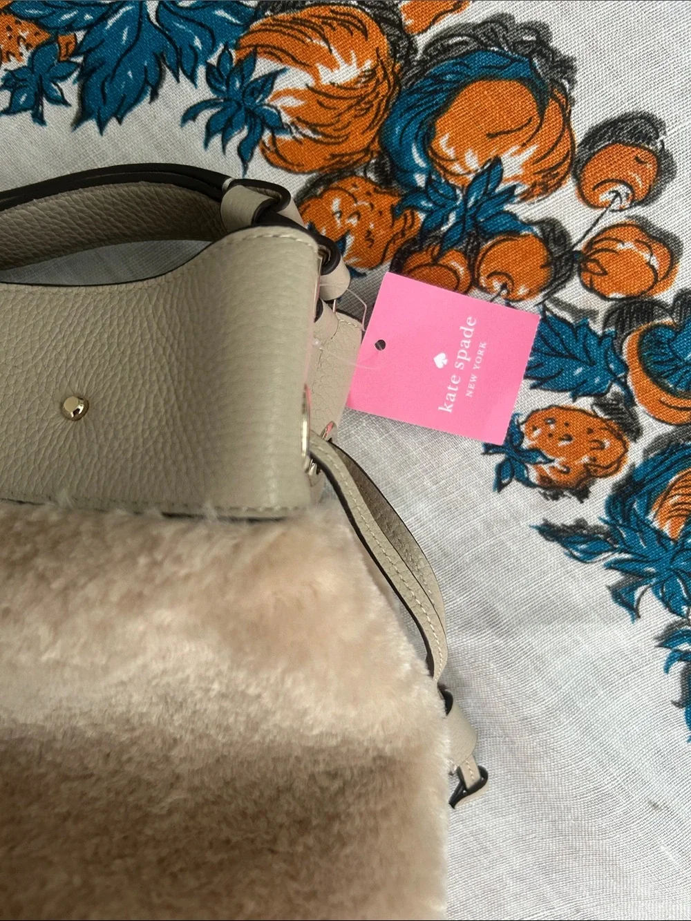 kate spade Soft Beige Shearling Shoulder Bag with Leather Trim